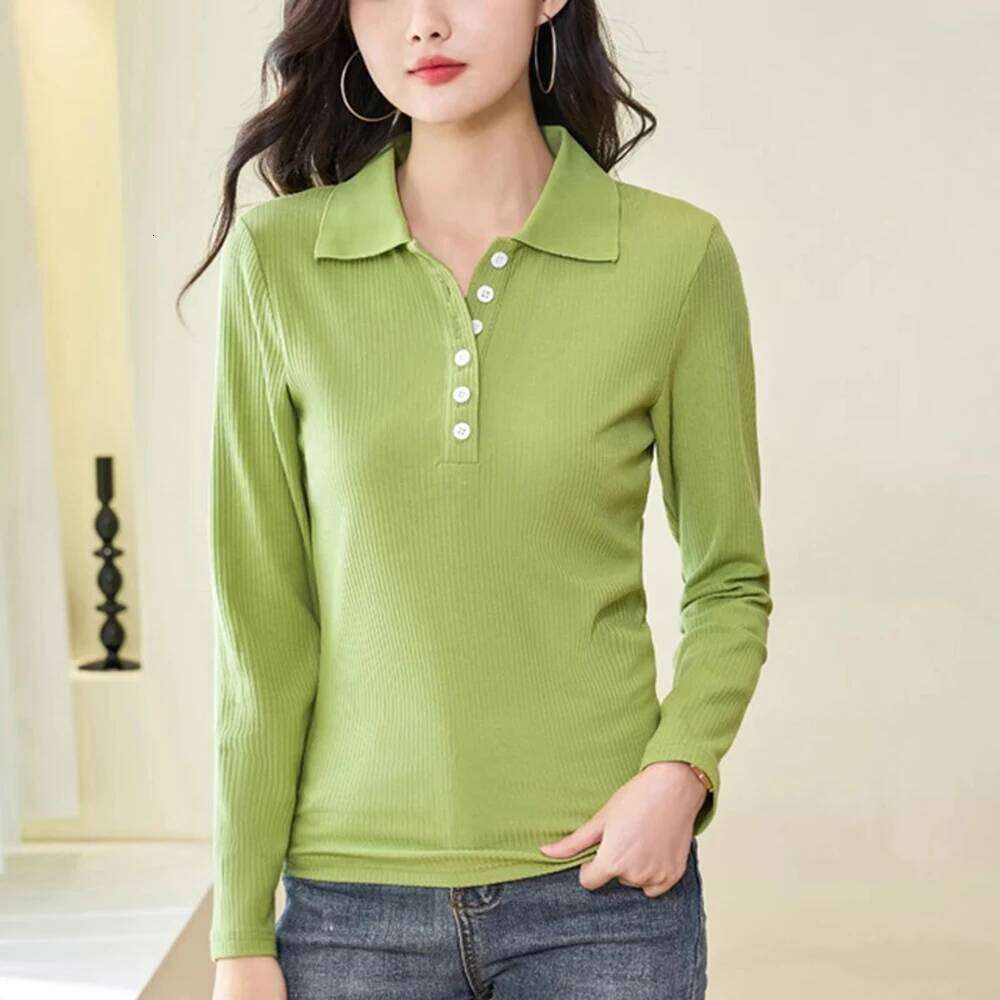 Green long sleeved T-shirt for women's autumn new high-quality fashion plus size polo shirt casual slim fit lapel top 26W0224