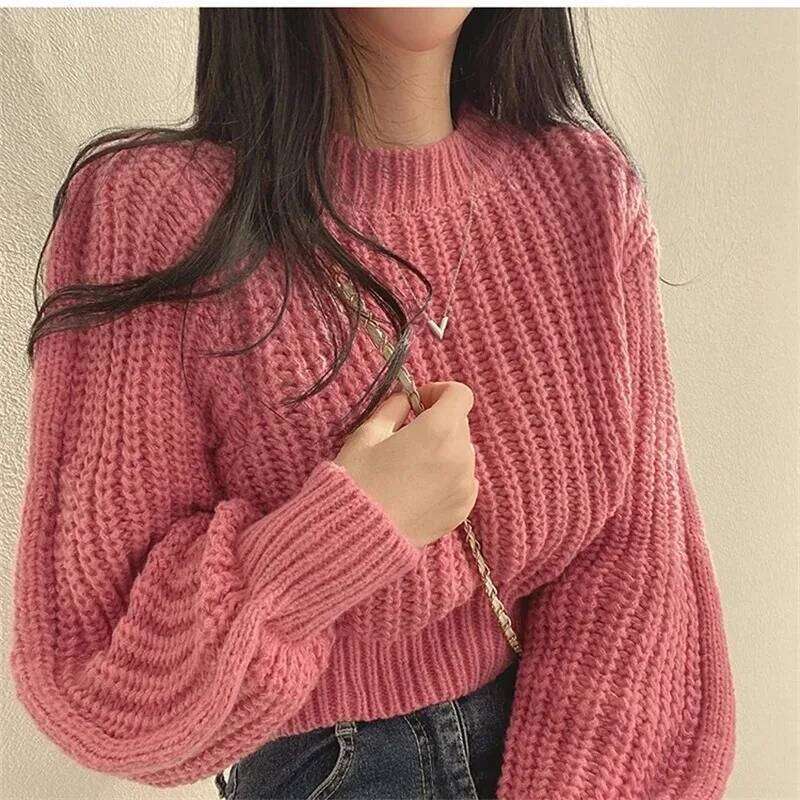 Loose Vintage Harajuku Lantern Long Sleeve Women Korean Autumn Winter Knitwear Soft Warm Tops Chic Solid Femme Sweater 26Li0224
