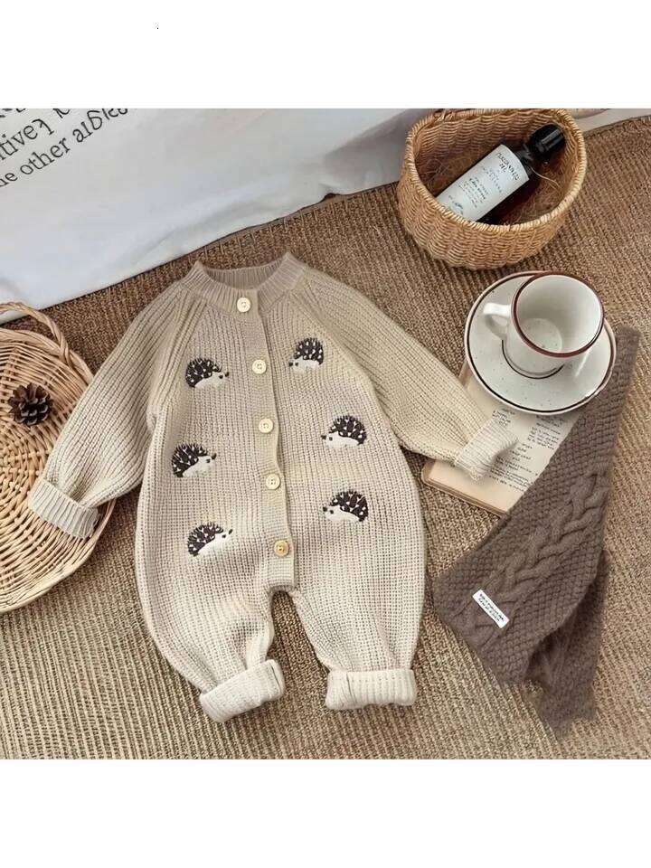 Korean Style Spring and Autumn Clothes Baby Jumpsuit Super Cute Little Hedgehog 100-Day Knitted Crawling Suit for Going Out 26Y0224