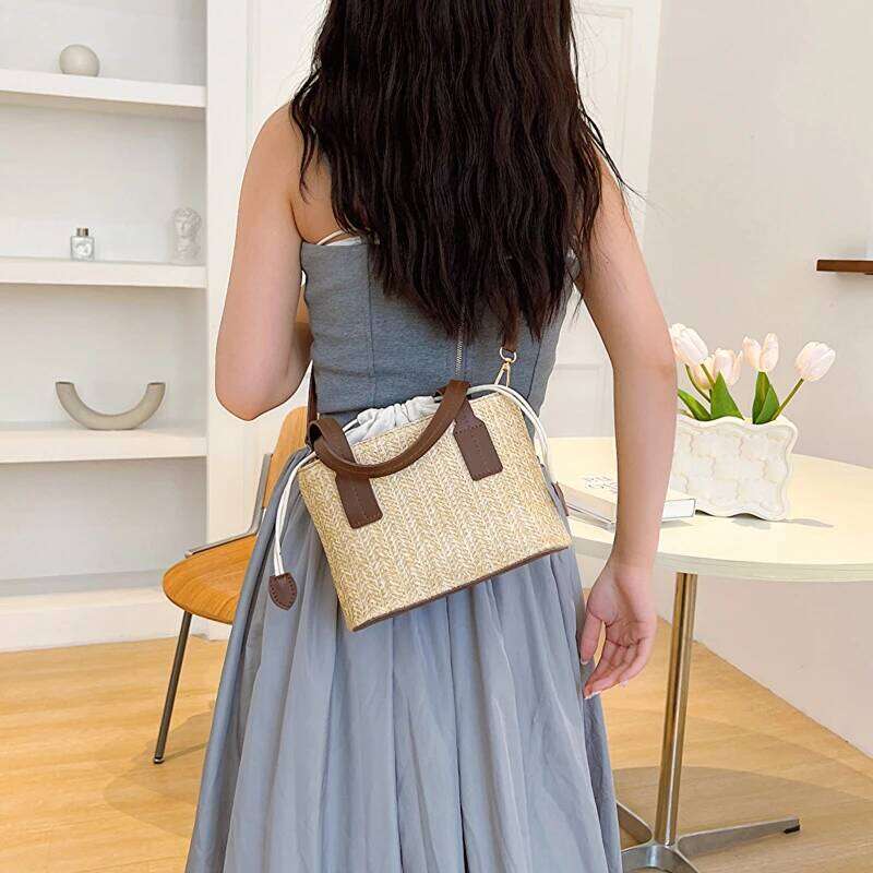 Women's Leisure Grass Woven Handbag Drawstring Bucket Shoulder Crossbody FemaleTravel Bohemian Vacation Beach Bag Z260224