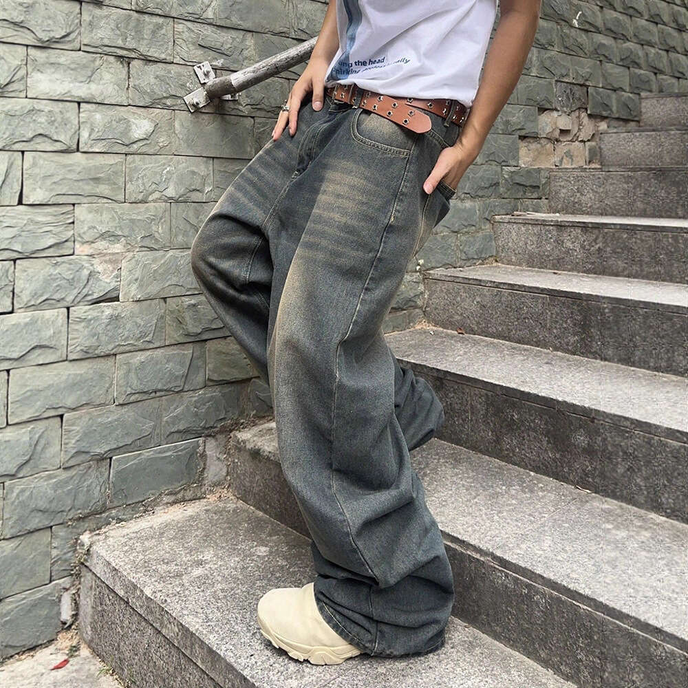 2025 Spring and Autumn New Street Style Trendy Brand Washed Design Jeans Loose Floor-Length Wide-Leg Pants