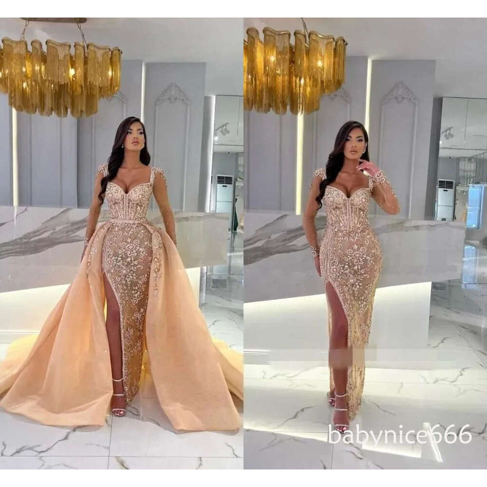 Elegant Champagne Long Mermaid Prom Dresses With Detachable Overskirt Off Shoulder Sweetheart Tulle Lace Appliques Beads Formal Evening Gowns with Sli