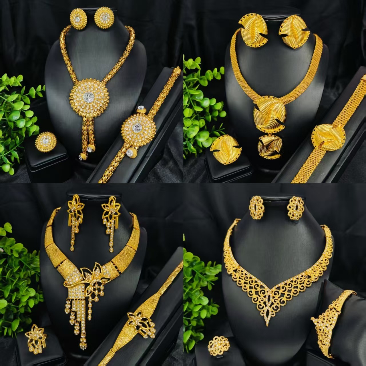 Dubai Fashion Zinc Alloy Jewelry Bridal Jewelry Set Necklace Bracelet Earrings Ring Four-Piece Set 250818