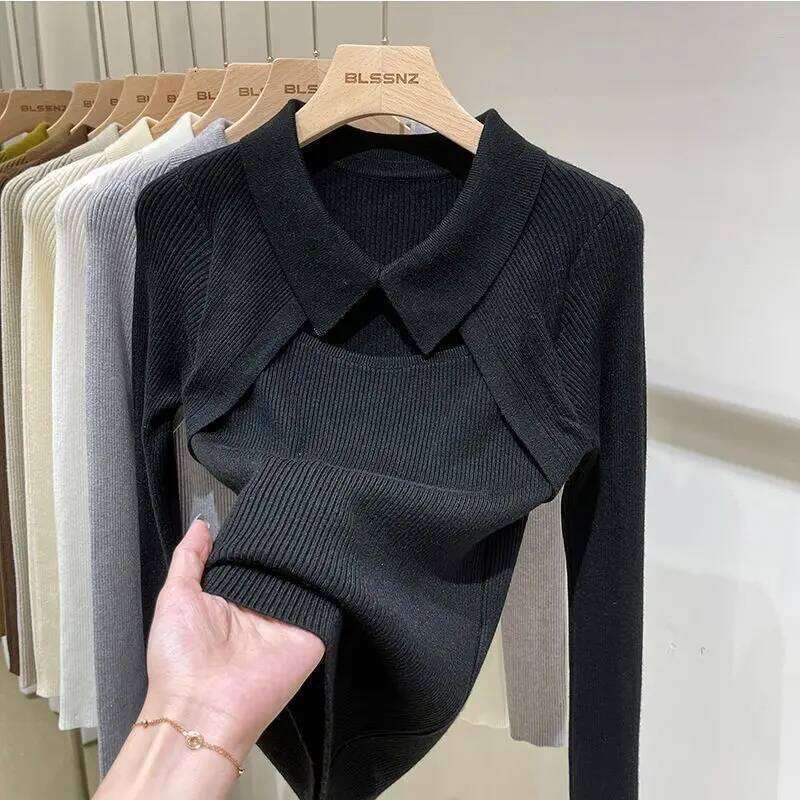 Women Clothing Fashion Polo Collar Hollow Out Knit Pullover Autumn Elegant Sexy Solid Patchwork Sweater Chic Y2K Long Sleeve Top 26W0224