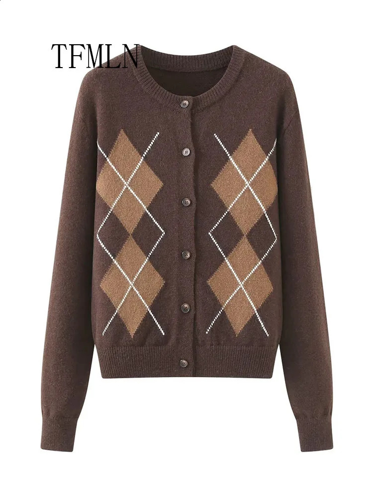 TFMLN Retro Women Knitted Cardigan Sweater Fashion Autumn Diamond Pattern Long Sleeved Coats Single Breasted Chic Knit Coat 260126