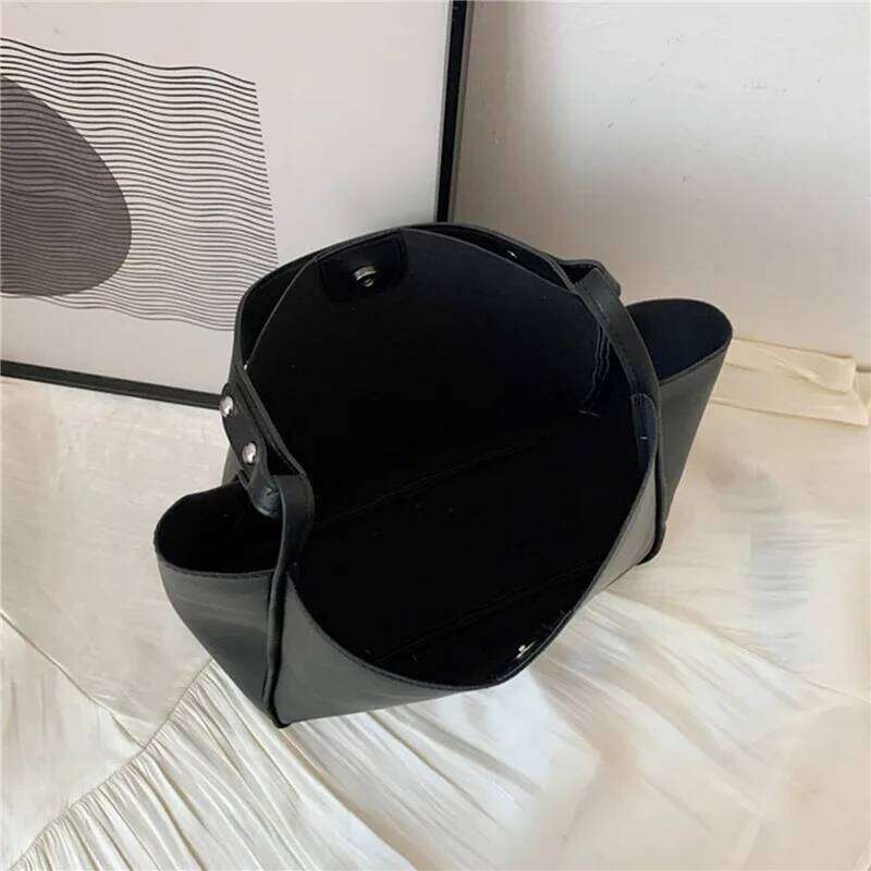 Simple Women Bucket Shoulder New Solid Color Handbags Retro Tote Large Capacity Pu Leather Bags 2024 Z260224