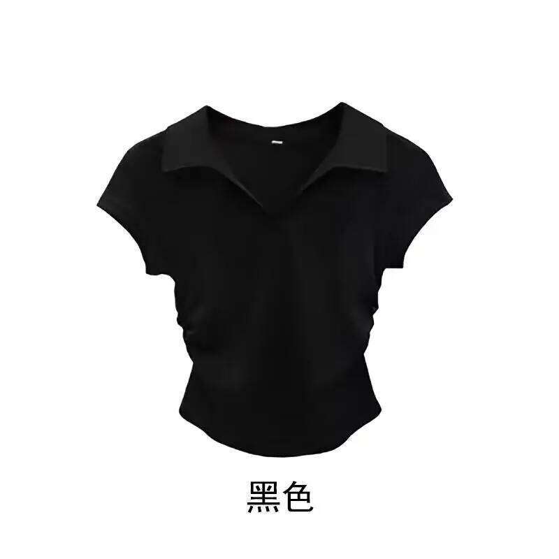 2026 Sexy Cotton Summer Women's Polo T Shirt Crop Short Sleeve TShirt Casual Skinny Slim Basic Solid Top Tee for Women Black 26W0224