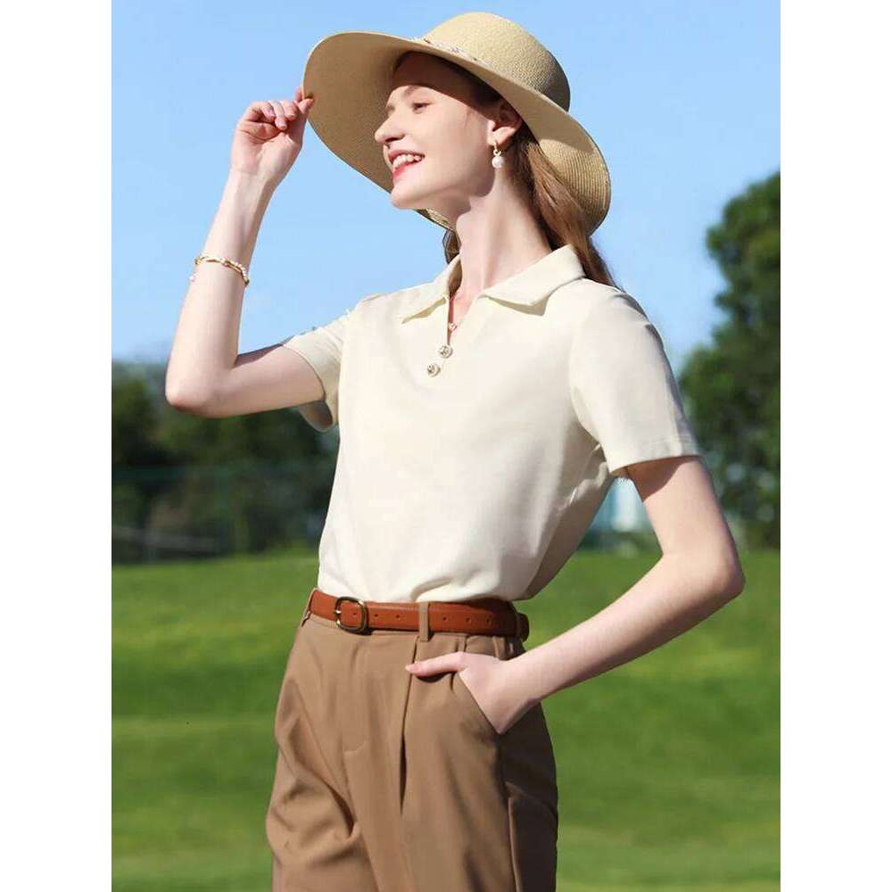 I BELIEVE YOU Women T-Shirt Summer New Slimming Apricot French Polo V-Neck Pique Breathable Commuting Short Sleeve 2252015950 26W0224