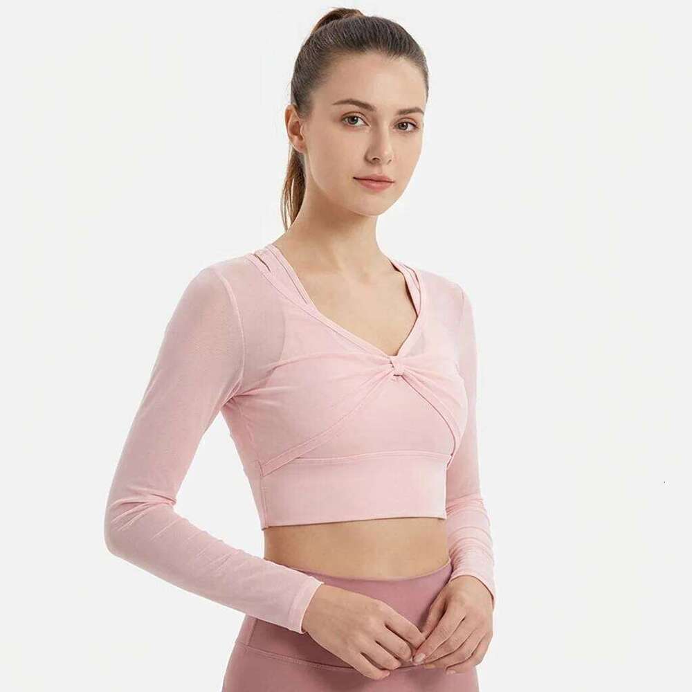 Women's Padded Long Sleeve Yoga Crop Sexy Mesh Gym Running Workout Sports Top with Pockets for Fitness Pilates Shirt 26Y0224