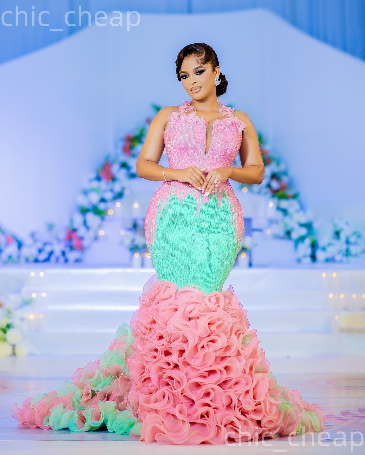 Aso Ebi Pink Mermaid Prom Dresses 2026 Halter Flowers Beaded Tiers Evening Formal Party Second Birthday Engagement Gowns Dress For Special Occasions Z