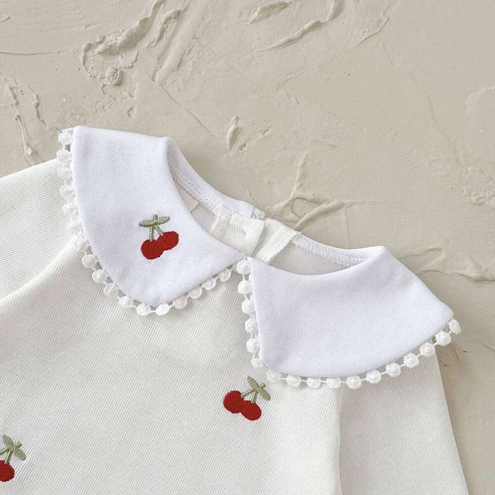 Cute Cherry Embroidery Baby Spring Autumn Soft Fabric Peter Pan Collar Long Sleeve Jumpsuit For Infant Girls Daily Wear 26H0224