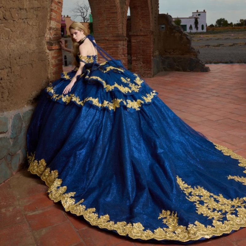 Navy Blue Shiny Quinceanera Dresses Ball Gown Off The Shoulder Gold Applique Lace Beading Crystal Bow Tull Party Birthday Sweet 16 Dress Vestidos 15 D