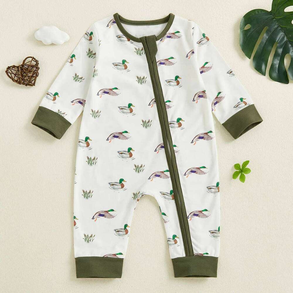 Newborn Baby Fall Romper Duck Print Long Sleeve Round Neck Zip Jumpsuit for Boys and Girls 26H0224