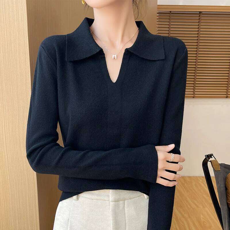 Spring Autumn Winter Women Fine Wool Sweater Polo Collar Solid Color Pullover Female Slim Knitwear Long Sleeve Basis Tops 26W0224