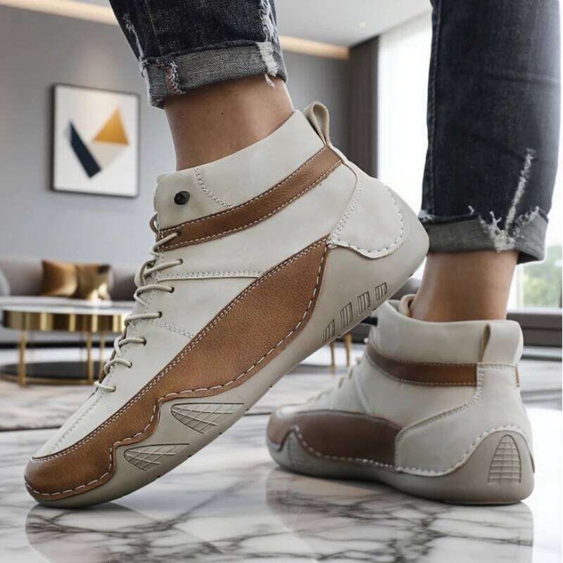 High Top Men's Leather Stylish Two Tone Design Ankle Casual Shoes 2025 Daily Eye Catching Fashionable Driving Sneakers