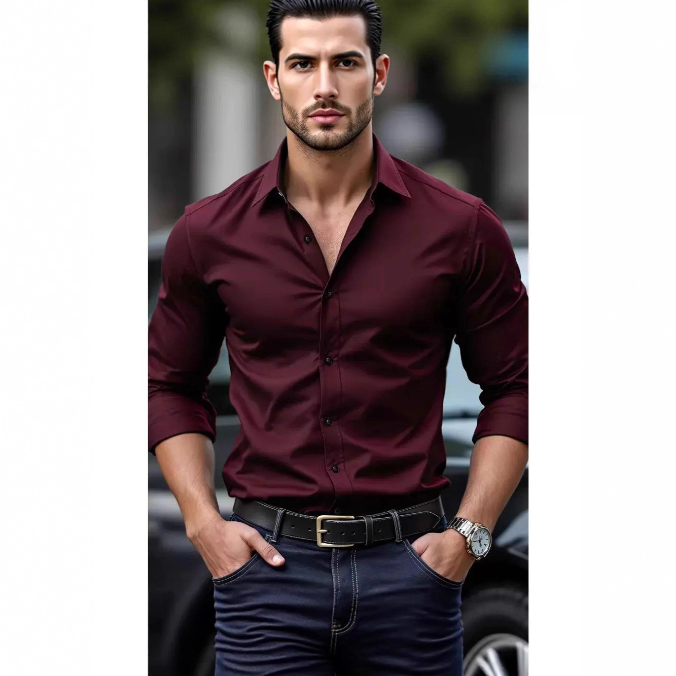 new European and American tough guy style tight-fitting shirt for men, slim fit, non-iron, long-sleeved cardigan, shiny, reflective, casual workwear s