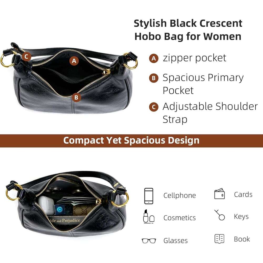 Shoulder For Women Small Hobo Bags Crescent Shaped Cute Retro Tote Handbag Mini Purse With Zipper Closure