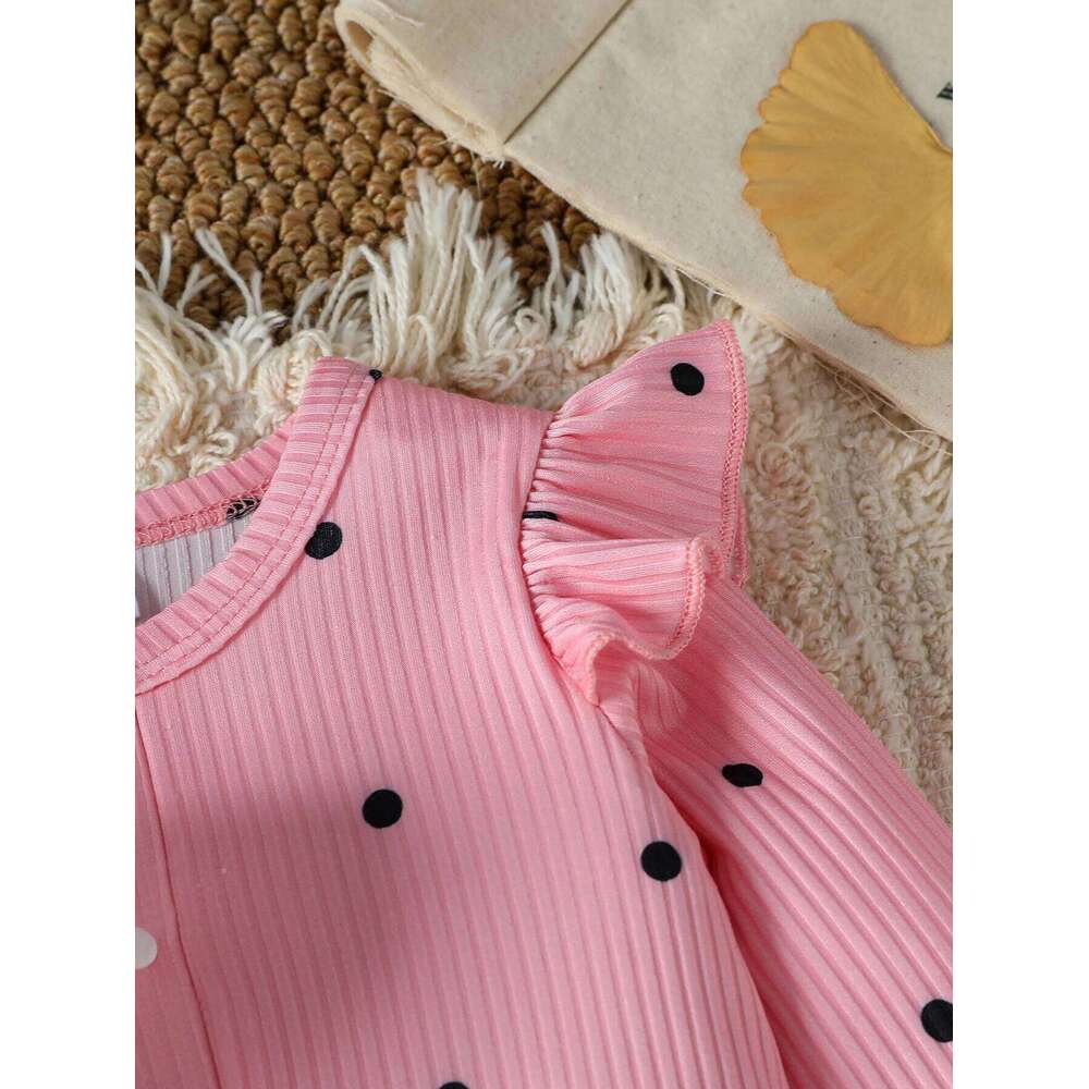 2Pcs Baby Girl Romper Jumpsuit Autumn Ribbed Ruffle Long Sleeve Heart Print Bodysuit Newborn Infant Girls Cute Daily Clothes 26H0224