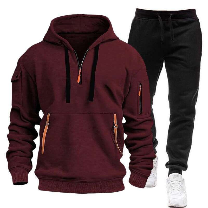 New Spring Autumn Men's Hoodie Set with Zipper Multiple Pockets, Pullover Sweatshirt for Sports and Casual Wear