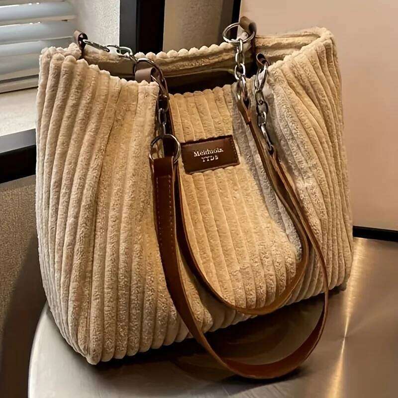 Large Capacity Corduroy Tote Chain Handbag Shoulder Bag for Women, Polyester Lining, Zip Closure, Black, Beige, Khaki, Green Z260224