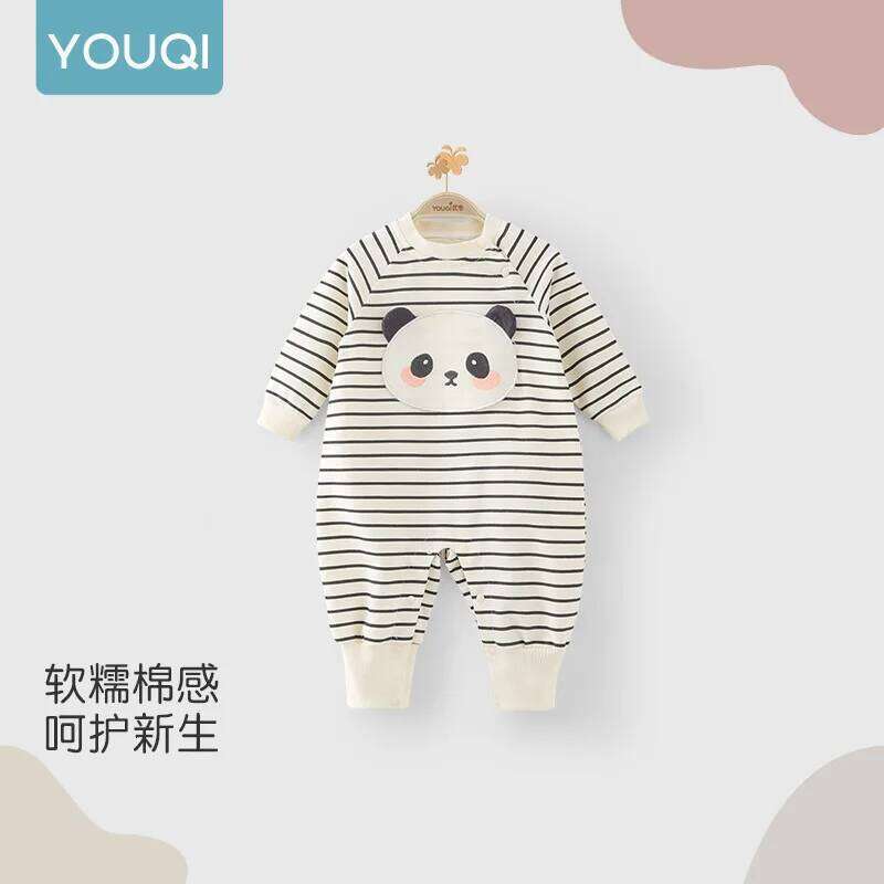 YouqiChinese Clothes Striped Romper Pure Cotton Baby Jumpsuit and Autumn Long-Sleeve Newborn Spring Crawling Suit 26Y0224