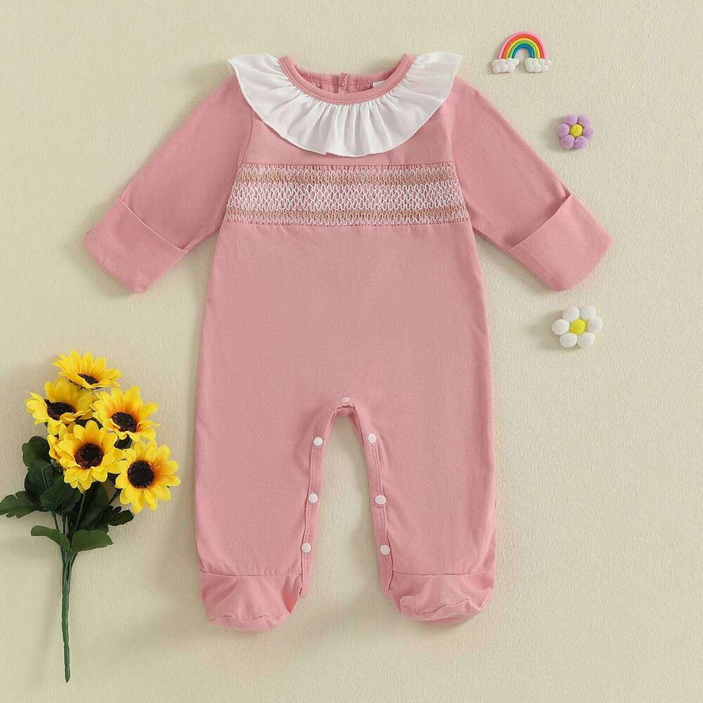FOCUSNORM 0-12M Lovely Newborn Baby Girls Boys Fall Winter Romper Contrast Color Long Sleeve Ruffled Round Neck Footed Jumpsuit 26H0224