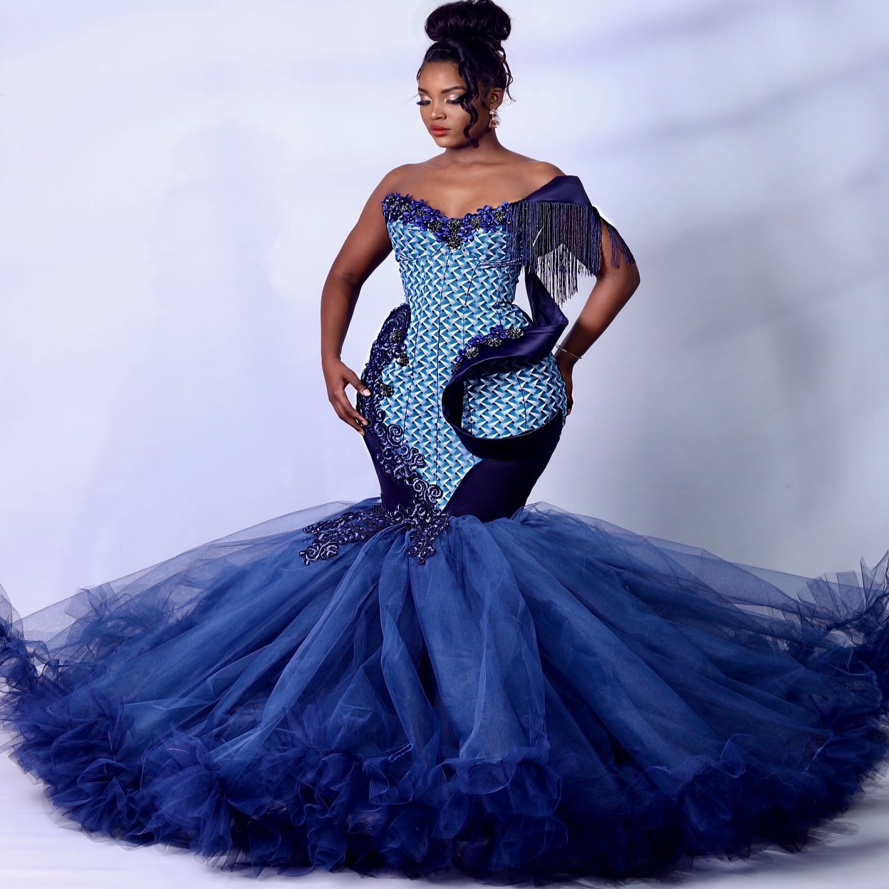 Aso Ebi Navy Blue Mermaid Prom Dresses 2026 Flowers Printed Sweetheart Evening Formal Party Second Birthday Engagement Gowns Dress For Special Occasio