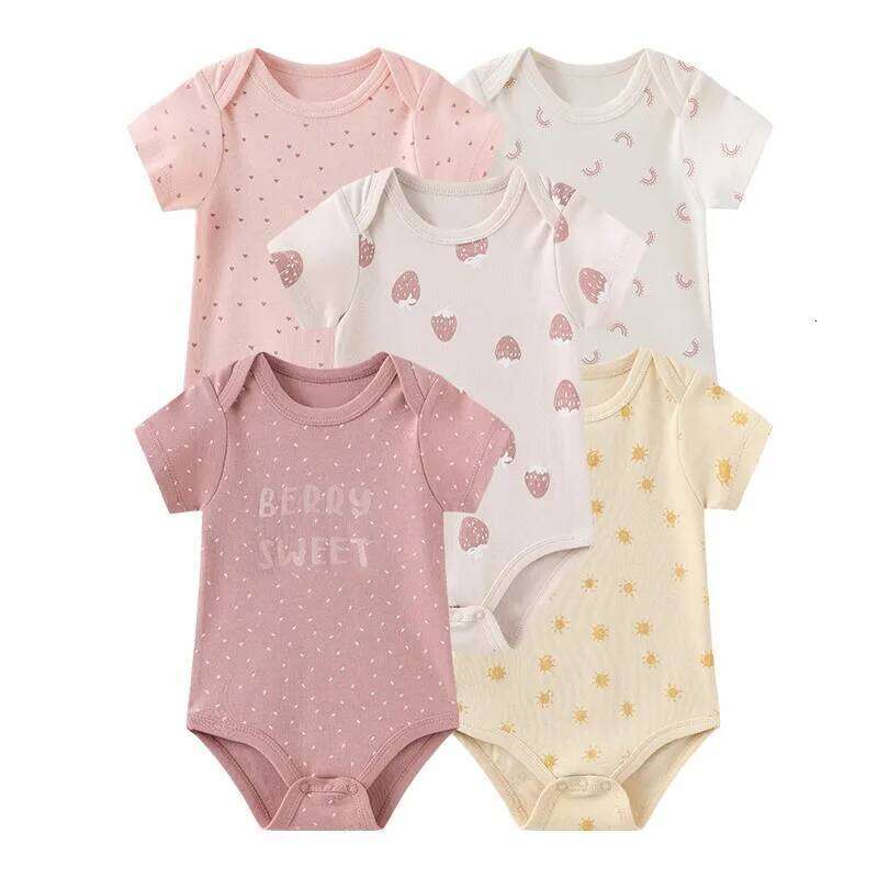 Kiddiezoom 5pcs Summer Short Sleeve Boy Girl Bodysuits Soft Newborn Baby Onesie 26Y0224