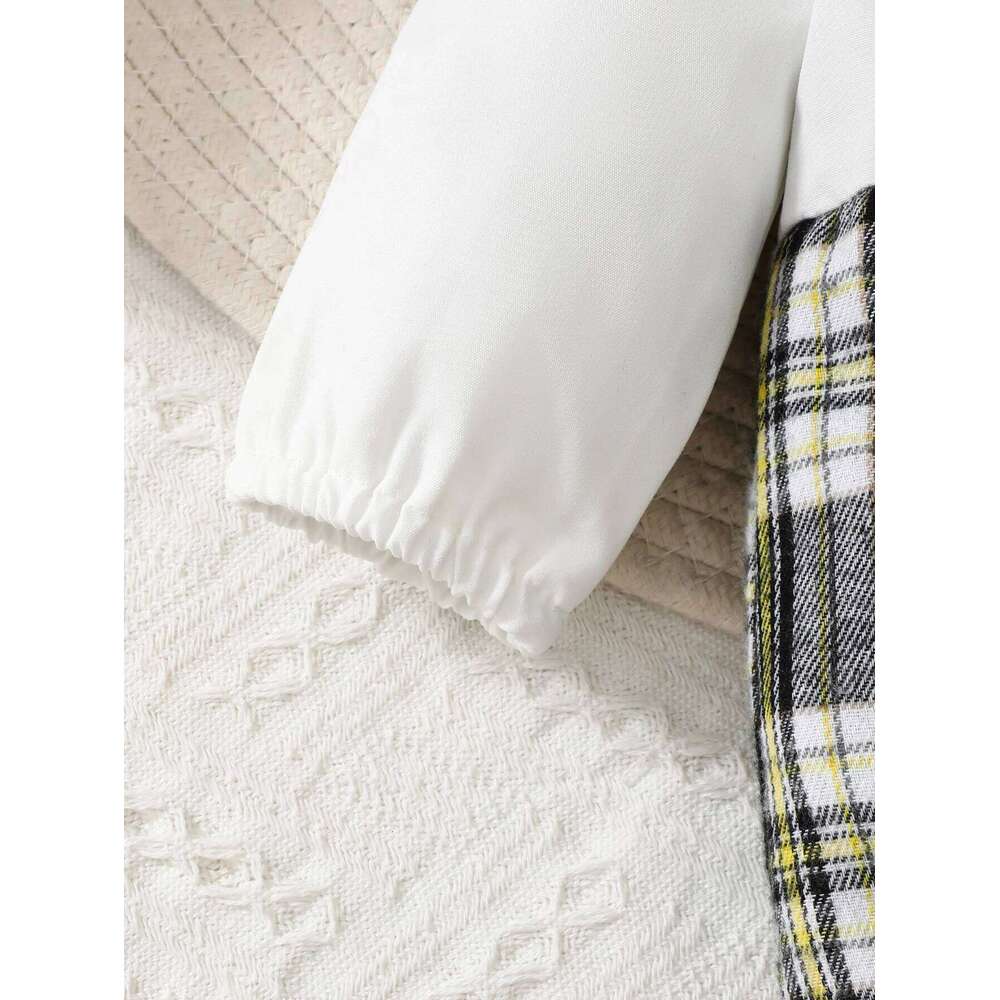 Newborn Literary Style Boy Baby Lapel False Strap Black Plaid Color Matching Jumpsuit Long Sleeve Button Cardigan Pantyband Hat 26Y0224