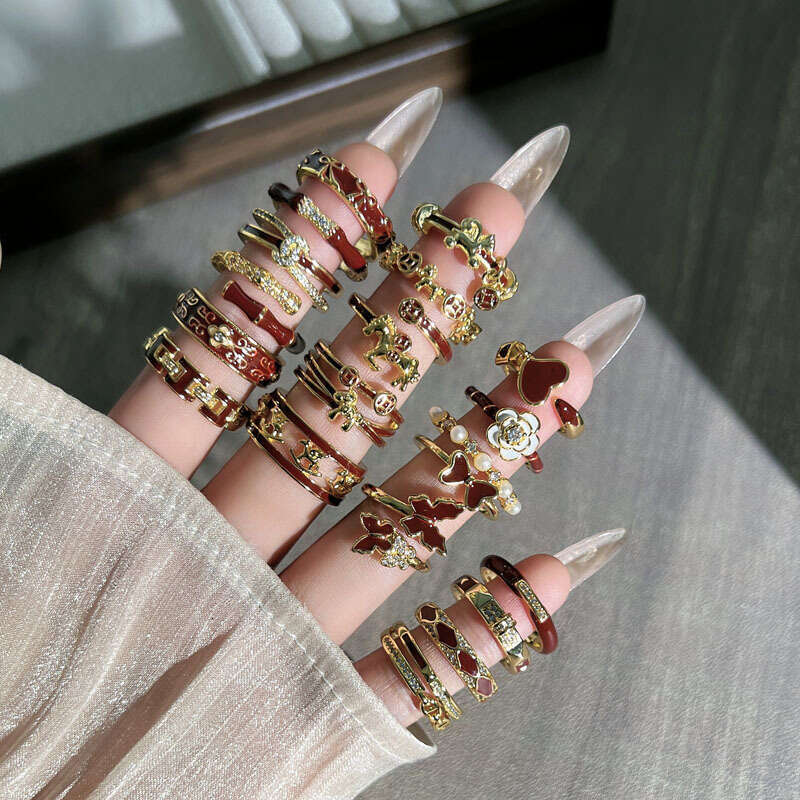 Ring Gold Plated Wine Red Enamel Geometric Zodiac Horse Butterfly Open Adjustable Band for Chinese New Year Festival and Daily Wear Gift High Quality 