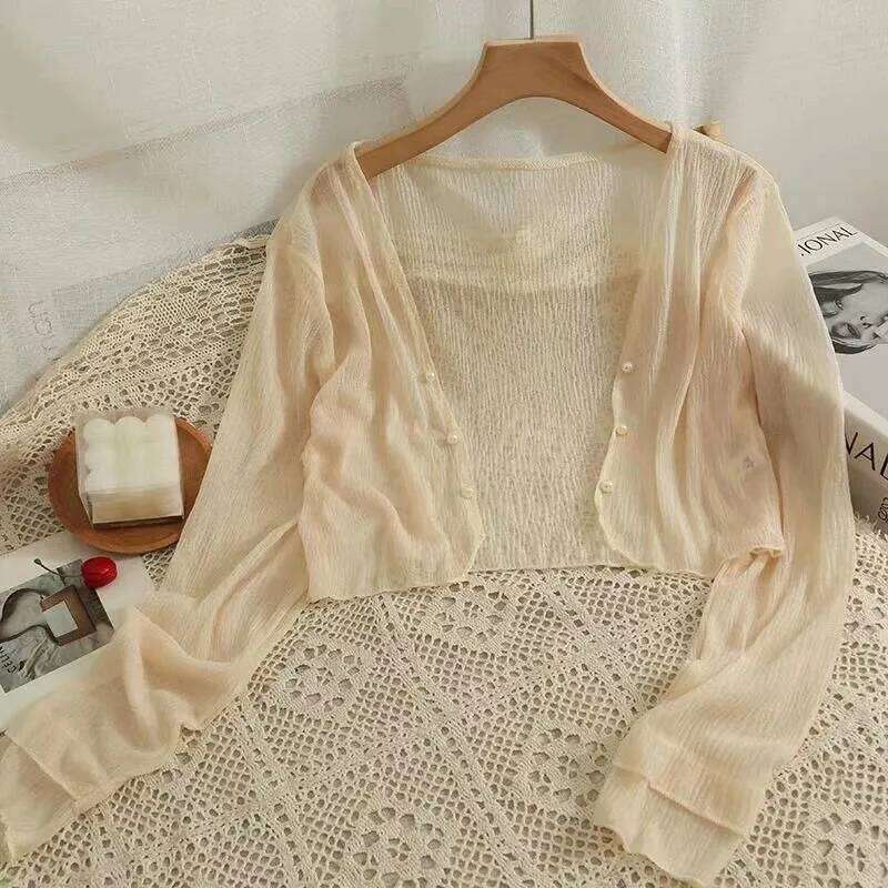 Button Front Crop Women Cardigan Sheer Knit Top Lightweight Bolero Sweater Summer Fairycore Beach Cover Up Blouse Outfit 26L0224
