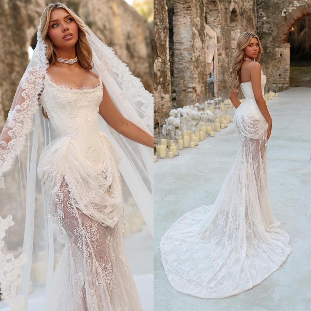 Vintage Mermaid Wedding Dress Strapless Sleeveless Bridal Gowns Lace Pearls Beading Sweep Train Dresses Custom Made vestidos