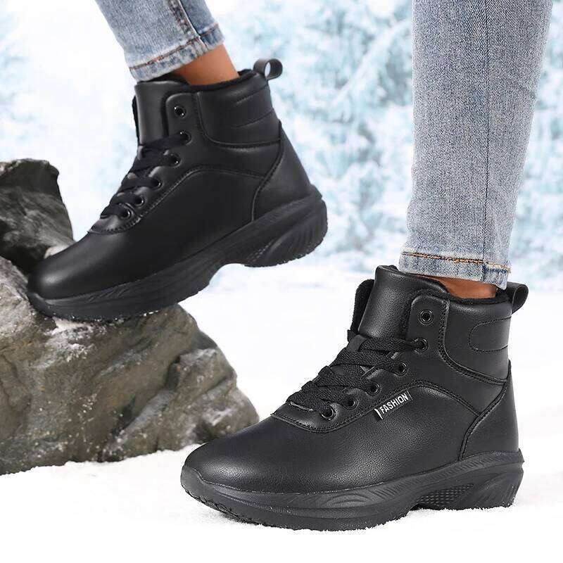 Mid-Top Wide Toe Barefoot Women Trend Artificial Leather Lace Up Walking Shoes Warm Furr Waterproof Winter Snow Sneakers