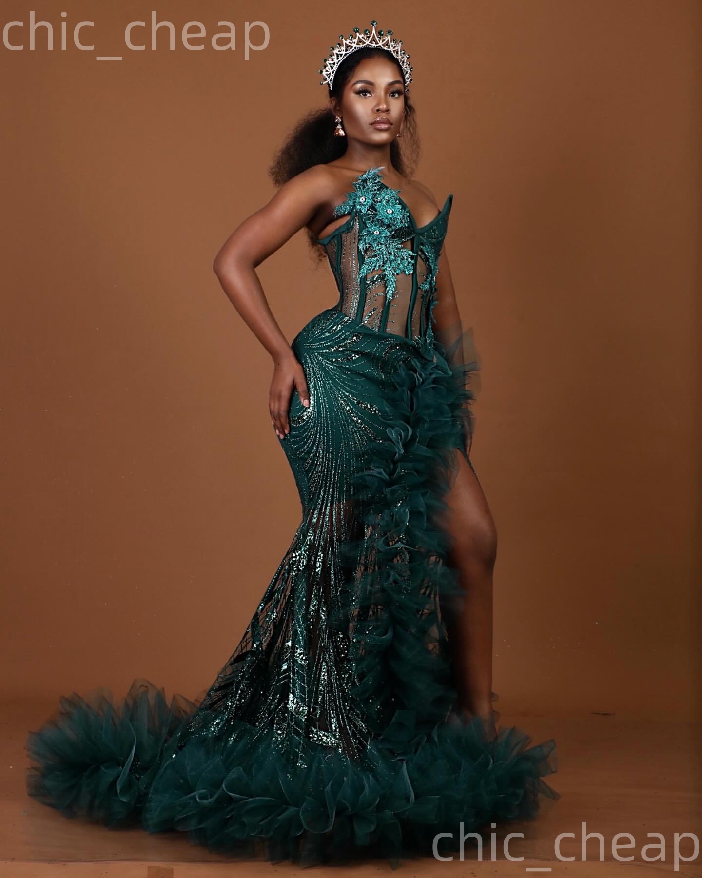 Aso Ebi Dark Green Mermaid Prom Dresses 2026 Applique High Split Sequined Evening Formal Party Second Birthday Engagement Gowns Dress For Special Occa