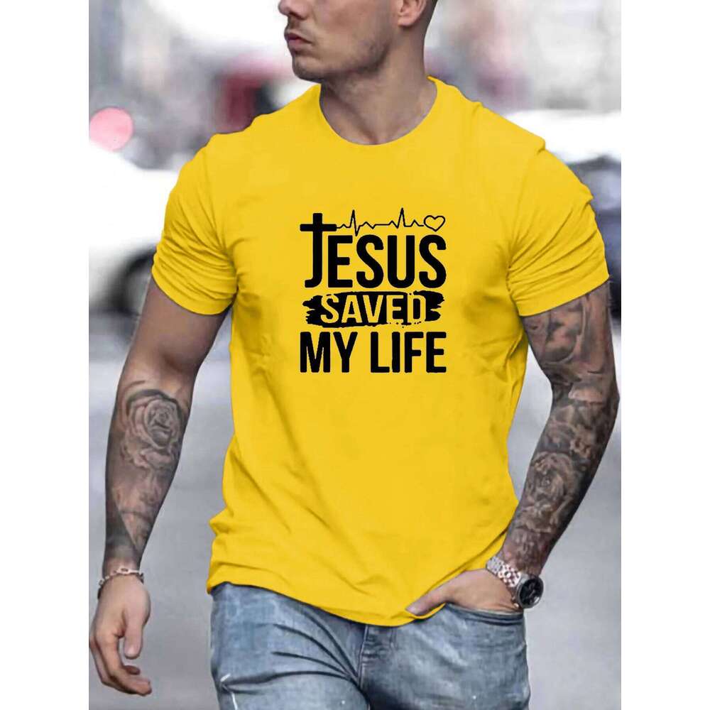 2026 New Summer men's 100% cotton casual loose size JESUS SAVED MY LIFE print round neck short sleeved T-shirt top H260224