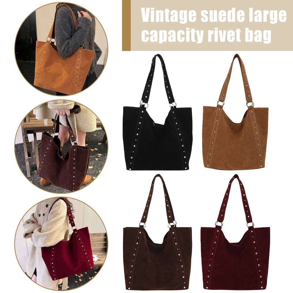 Women Faux Suede Studded Handheld Large Capacity Shoulder Rivet Underarm Tote Bag for Dating School Shopping Z260224