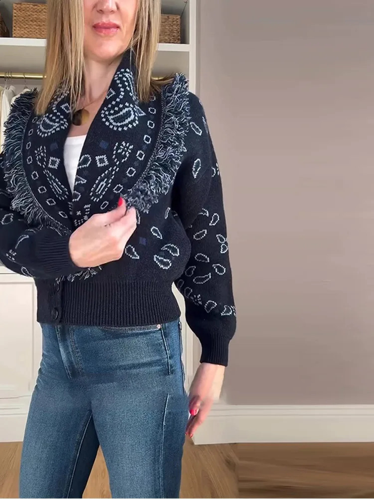 Printed Tassle Cardigan Women Outwear Solid Full Sleeve Tops Lace Up Jackets Loose Sweater Autumn Female Daily Casual Clothes 260126