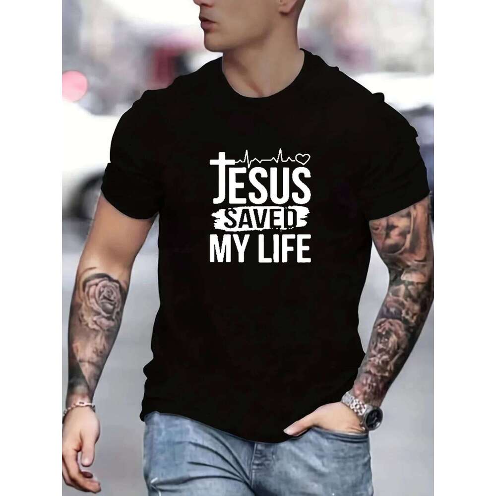 2026 New Summer men's 100% cotton casual loose size JESUS SAVED MY LIFE print round neck short sleeved T-shirt top H260224