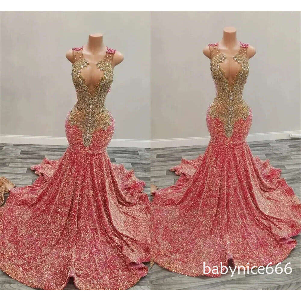 Pink Prom Dress for Black Girls Beaded Crystal Birthday Party Dresses Sequined Evening Gowns Robe De Bal