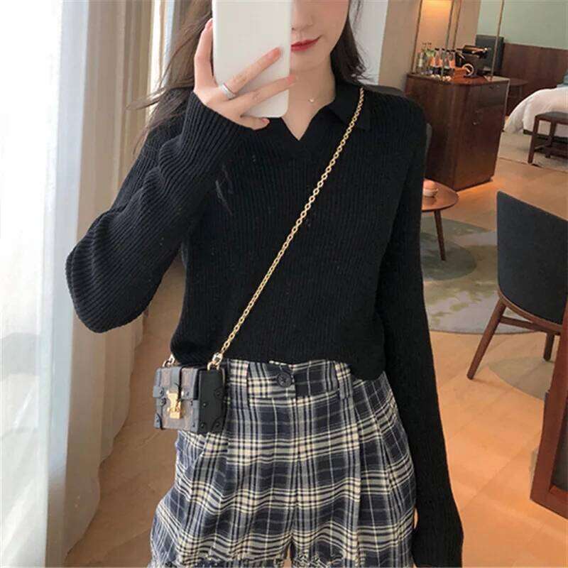 Women's Autumn Winter Pullover Solid Base All Match Sweater Lapel Polo Neck Knitted Bottoming Top 26W0224