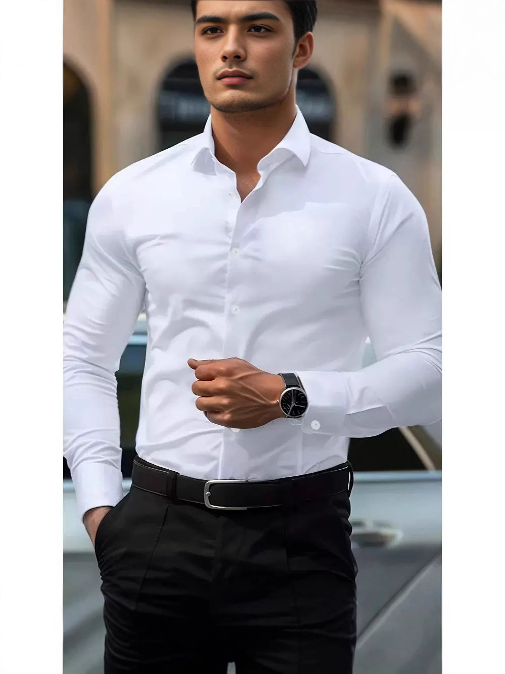 new European and American tough guy style tight-fitting shirt for men, slim fit, non-iron, long-sleeved cardigan, shiny, reflective, casual workwear s