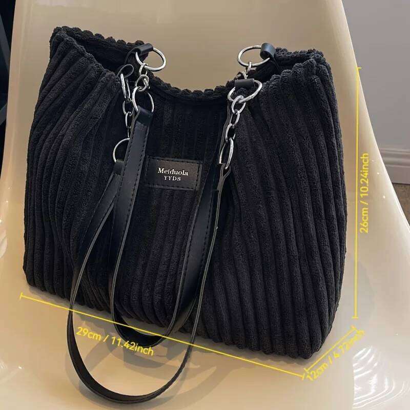 Stylish Corduroy Tote Bag for Women, Large Capacity Plush Shoulder Bag, Versatile Commuter & Travel Bag. Z260224