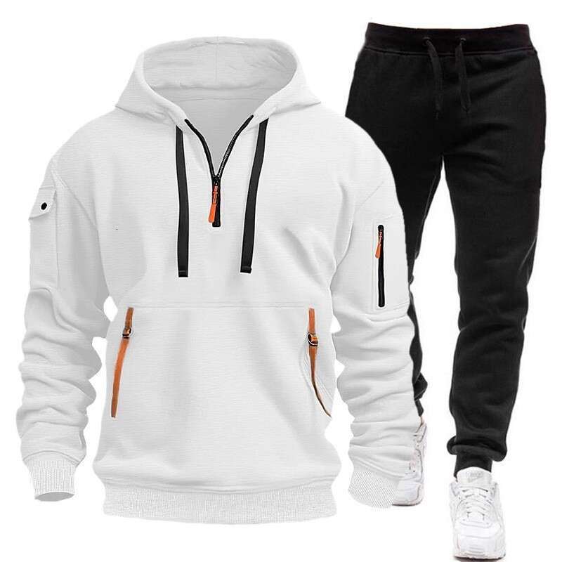 New Spring Autumn Men's Hoodie Set with Zipper Multiple Pockets, Pullover Sweatshirt for Sports and Casual Wear