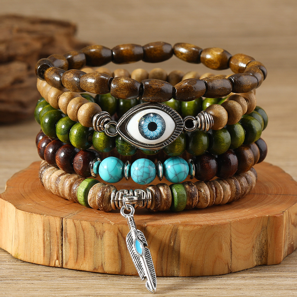 Cross-border hot sale: Lucky Eye Feather Multi-layer Wooden Bead Bracelet