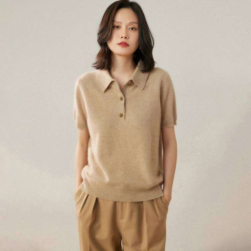 100% pure cashmere pullover short sleeved autumn/winter new women's T-shirt casual solid color knitted sweater POLO collar Tops 26W0224
