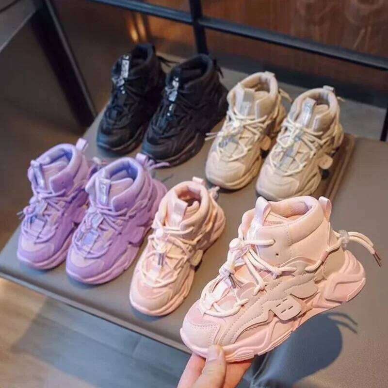Girls High-top Sneakers Lace-up Simple Children Fashion Casual Drop Shipping Boys Sport Versatile Soft Kids Shoes 26W0224