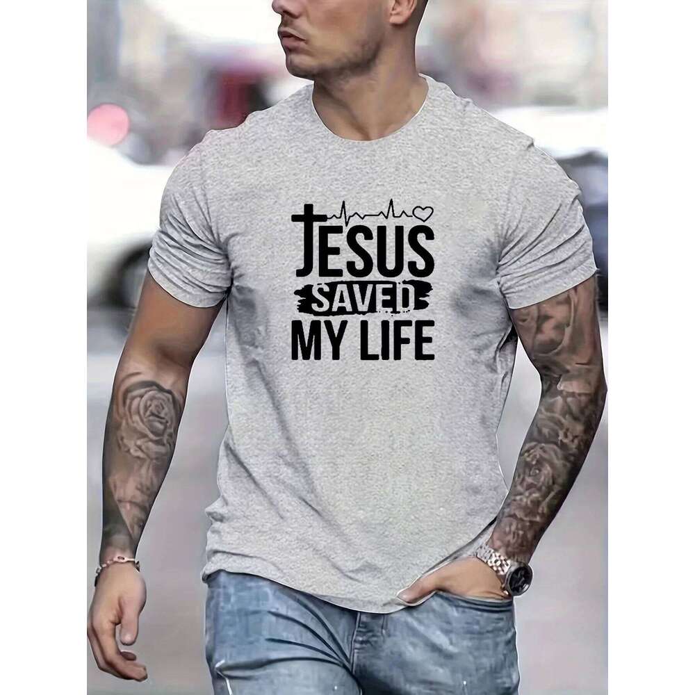 2026 New Summer men's 100% cotton casual loose size JESUS SAVED MY LIFE print round neck short sleeved T-shirt top H260224