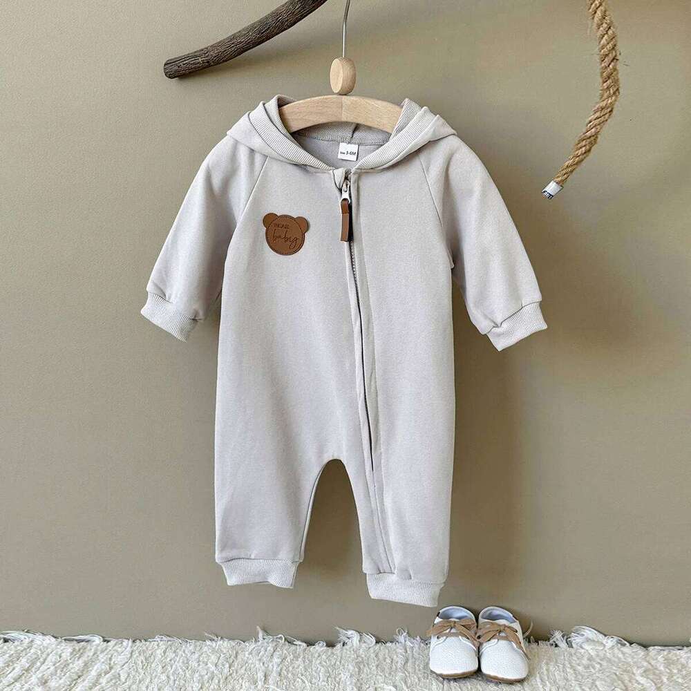 Korean Style Autumn Baby Boy Girl Clothes Hooded Cute Solid Color Zipper Jumpsuit Fashion Casual Comfortable Breathable Bodysuit 26Y0224
