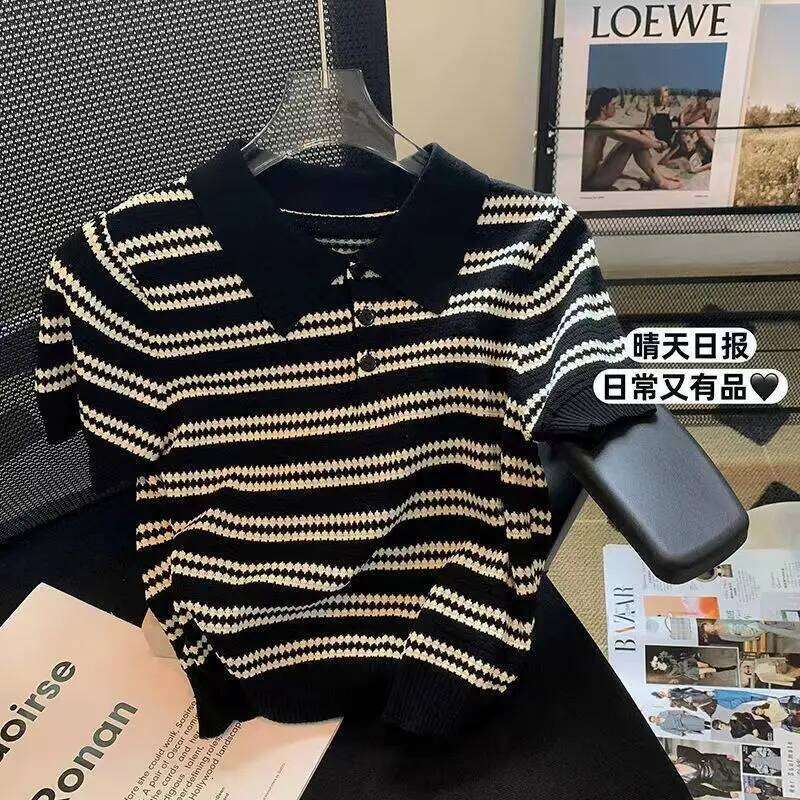 Summer New POLO Collar Fashion Short Sleeve Polo Shirts Women High Street Casual Striped Contrast Color Button Knitting Pullover 26W0224