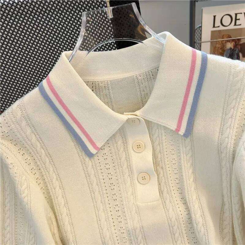 Women's Sweet Preppy Style Thin Knitted Polo Shirts Summer Fashion Striped Elegant Slim Short Sleeve Tops 26W0224